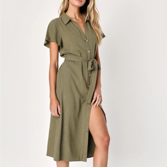 Lulu’s Olive Green Linen Midi Button Up Dress - Picture 1 of 7
